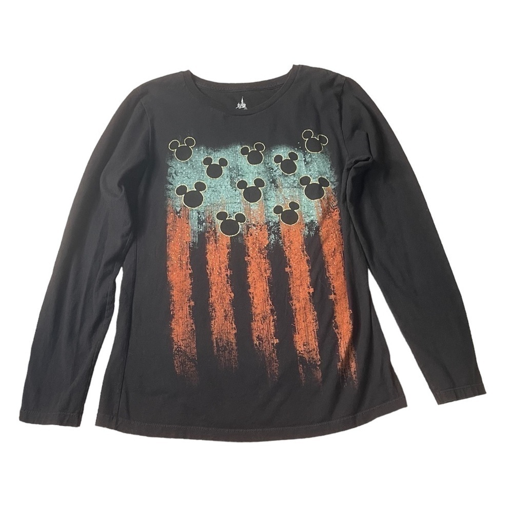 Authentic Disney Parks Womans XL Glitter Mickey Long Sleeve Black Tee Fitted